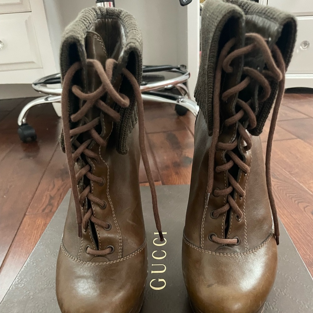 Gucci 2012 Brown Angeo Lace Up Heeled Bootie - Size 38